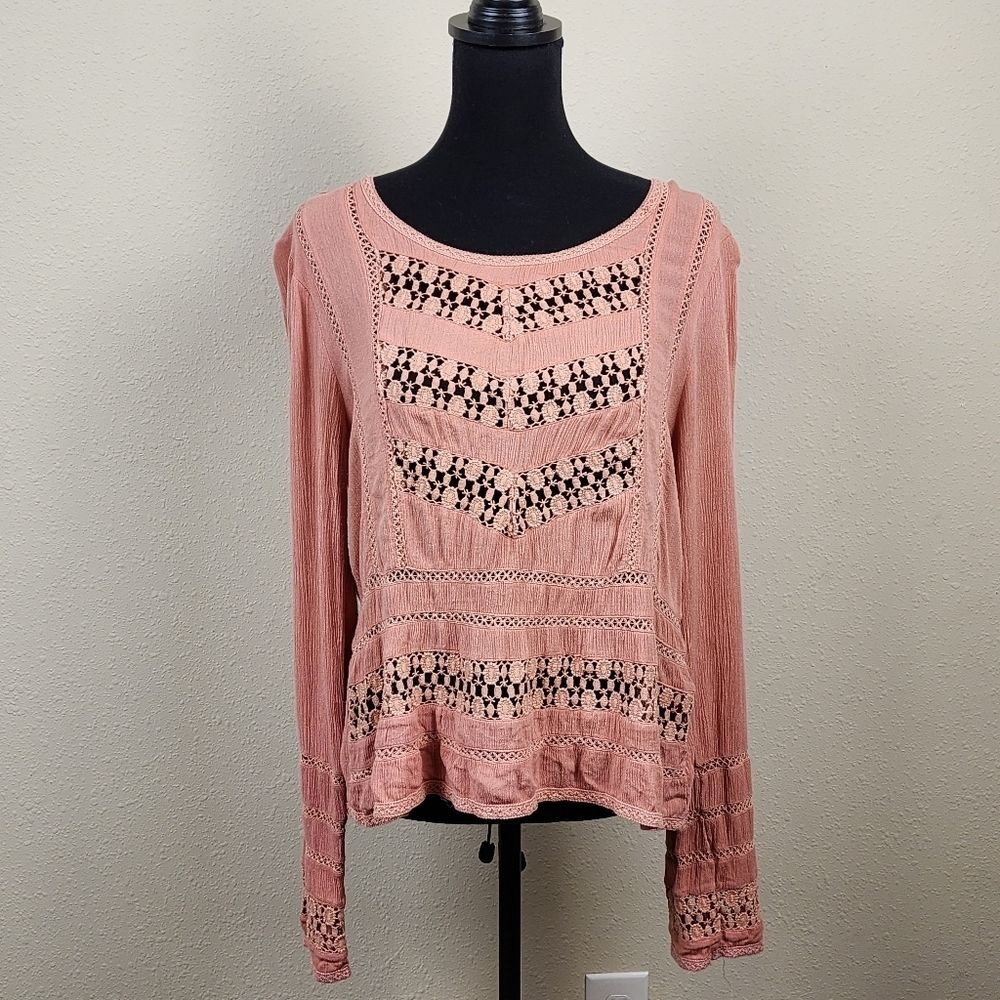 Patrons of Peace Pink Front Knit Long Sleeve Boho Style Top Size Medium
